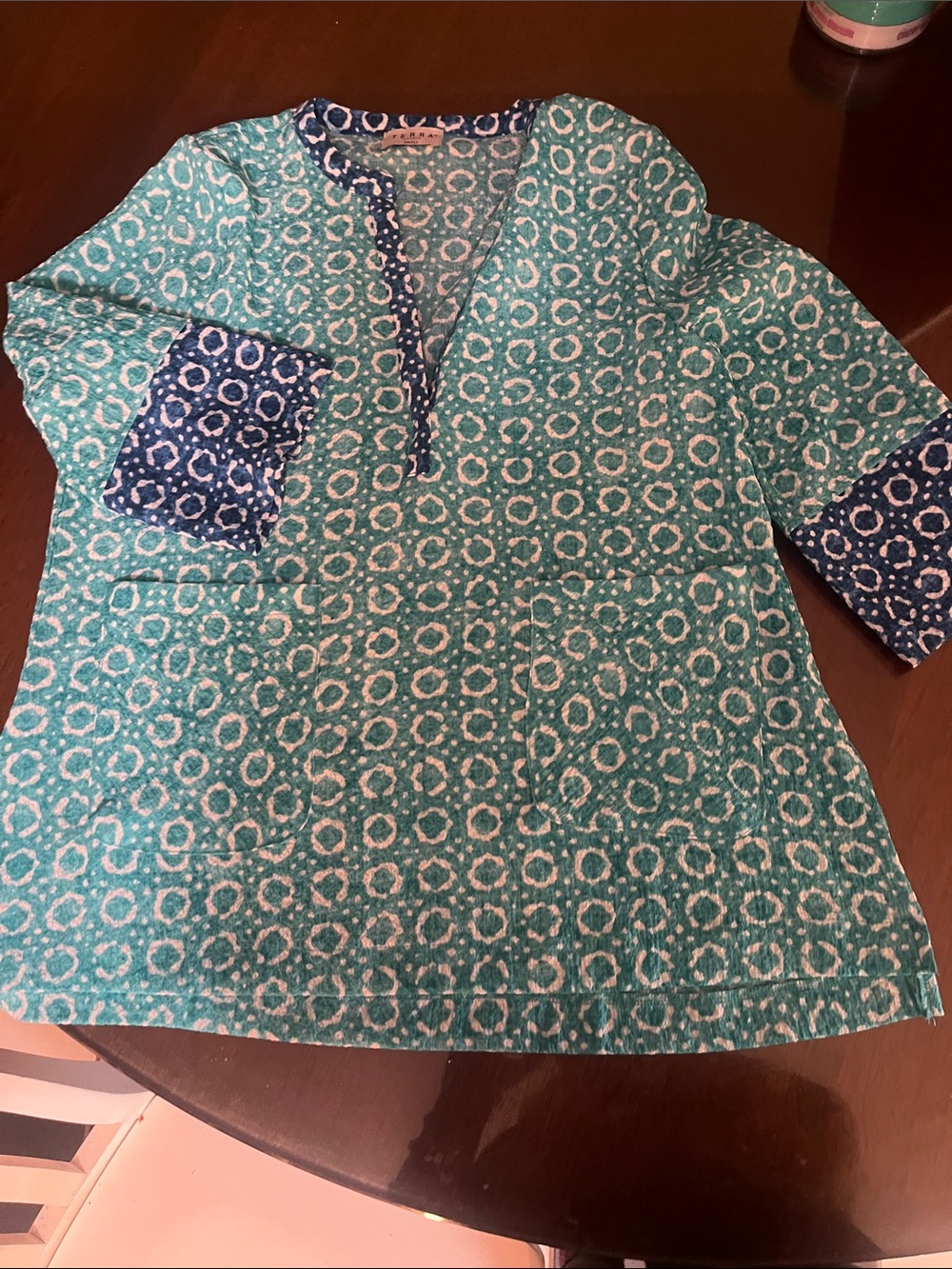 Turquoise and Navy Patterned Women's Tunic Top